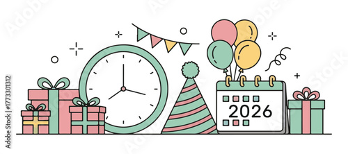 Festive New Year's Eve vector icon set. Includes champagne, fireworks, gifts, balloons, party hat, and clock symbols in a fun, line art style.