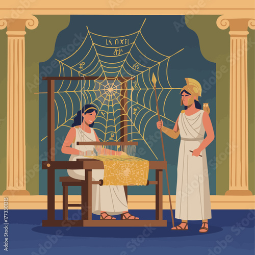 Tableau sur toile Flat vector design of Arachne weaving an intricate golden tapestry as Athena wat