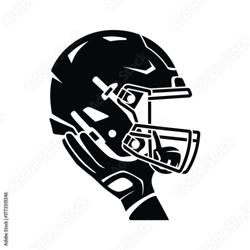 Black american football helmet silhouette on white background