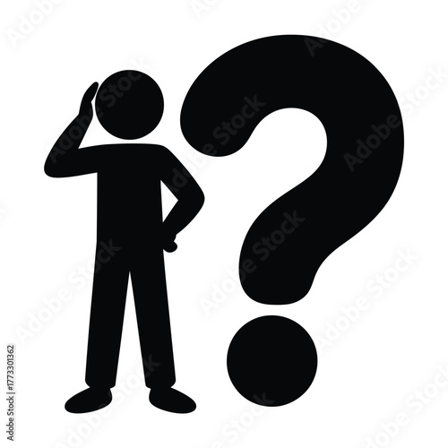 Silhouette of a person scratching head next to a large question mark