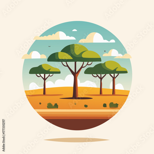 African Savannah Landscape with Trees and Cloudy Sky Illustration.