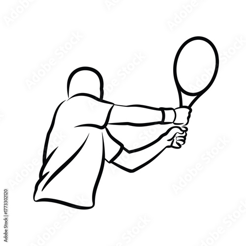 Tennis player swinging racket line art
