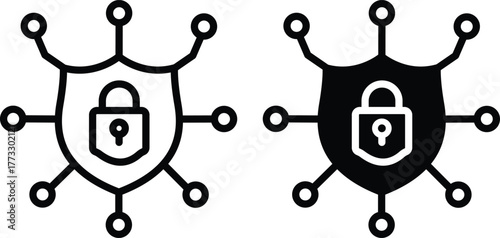 Cyber Security Shield Icon Set, Data Protection and Network Safety Symbols in Outline and Solid Styles or Vector Silhouette..eps