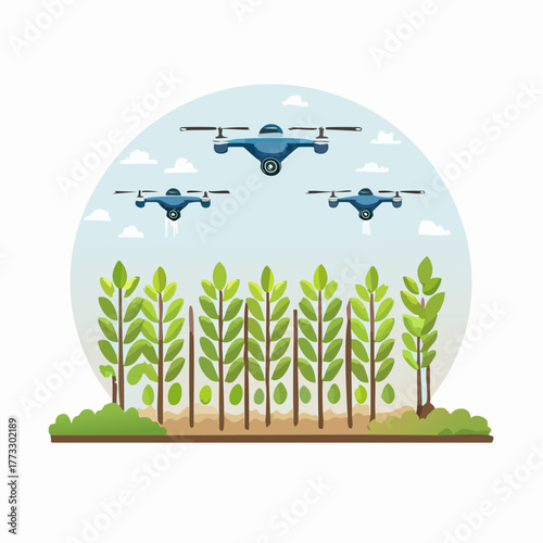 Agricultural Drones Monitoring Crops in a Field.
