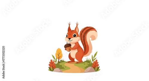 Cute cartoon squirrel holding an acorn on an autumn path with fall leaves