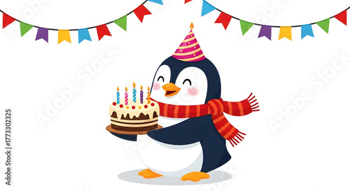 Happy cartoon penguin holding birthday cake wearing party hat and scarf with festive bunting