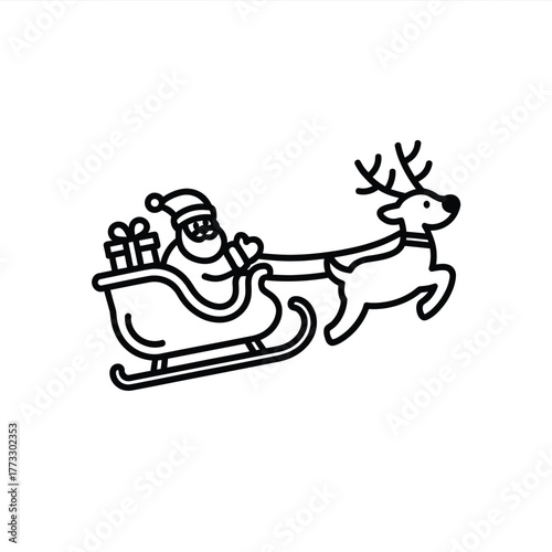 Simple line art of santa claus riding a sleigh pulled by a reindeer