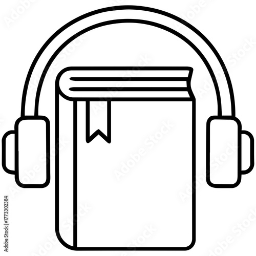 Audiobook Illustration: A line art illustration featuring a book with a bookmark, overlaid with a headset, symbolizing the concept of audiobooks, podcasts, and digital listening experiences.