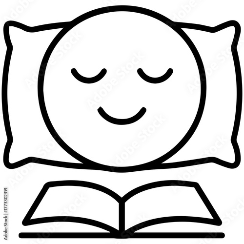 Sleepy Reading Emoji: A cute emoji rests peacefully on a pillow with a book, with eyes closed, illustrating the joy of reading before sleep.