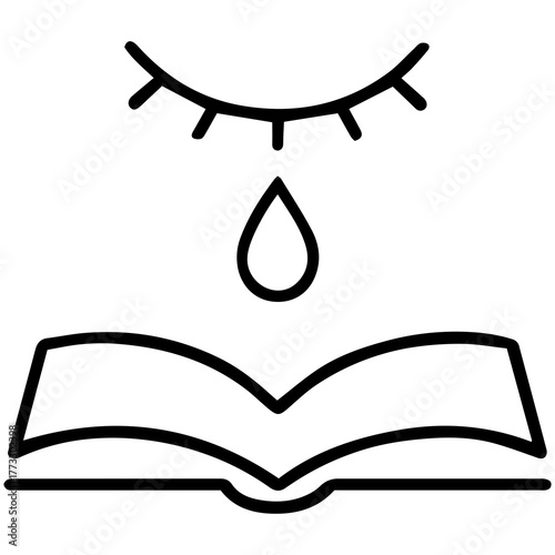 Tearful Reading: A minimalist black-and-white illustration of an open book with a teardrop falling from an eye, depicting a moment of emotional connection to literature.