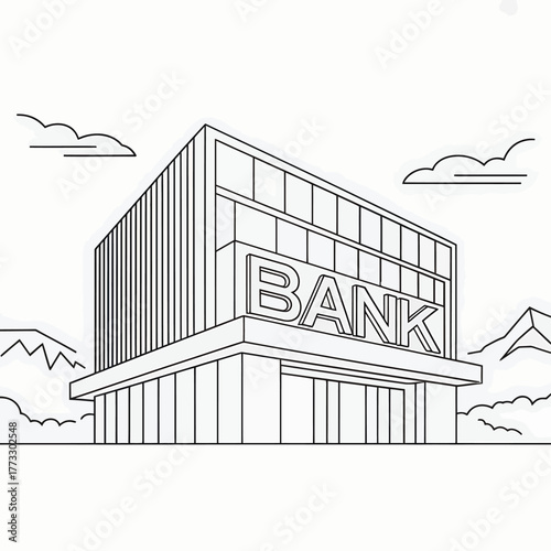 Modern bank building exterior line drawing with mountains and clouds