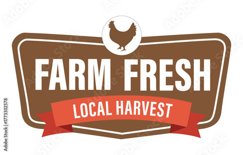 Farm fresh local harvest food label or logo with chicken silhouette for agriculture, grocery, and natural product packaging