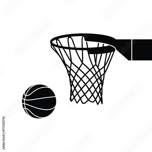 Black and white illustration of a basketball and hoop