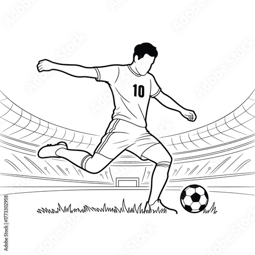 Soccer player kicking ball in stadium black and white line art