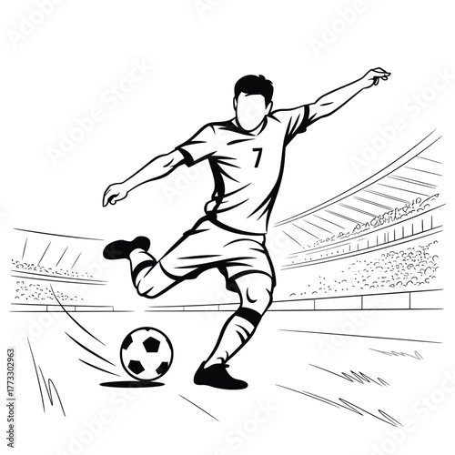 Soccer player kicking ball on stadium field sketch