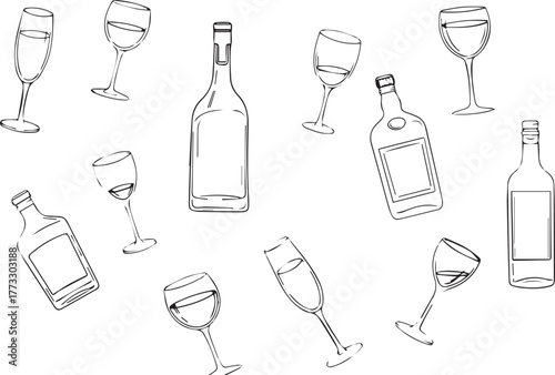 Collection of hand drawn wine bottles and glasses in a sketch style on white background