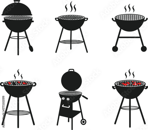 Barbecue grill illustration set, black and red vector, outdoor cooking icons, heat and smoke design, cad drawing flat vector illustration