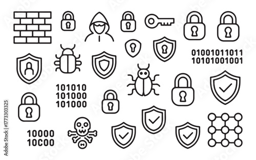  Cybersecurity icons representing digital protection data security and online threats in a clean outline style