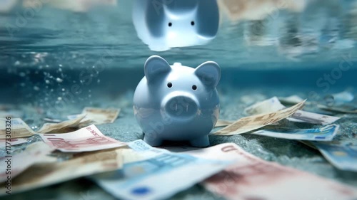 A light blue piggy bank submerged underwater with Euro bills surrounding it. Reflections are present