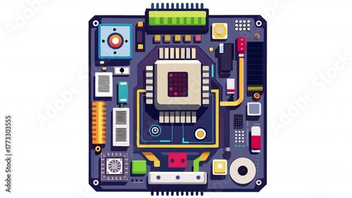 Colorful motherboard diagram. Computer electronics animation, alpha channel. Cartoon