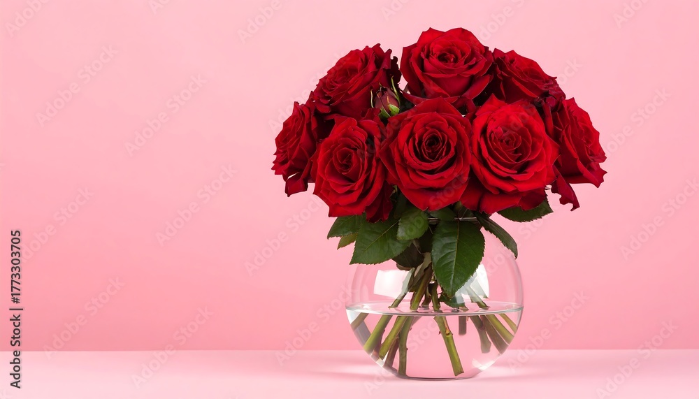 Fototapeta premium Bouquet of deep red roses in a clear glass vase against a pink backdrop