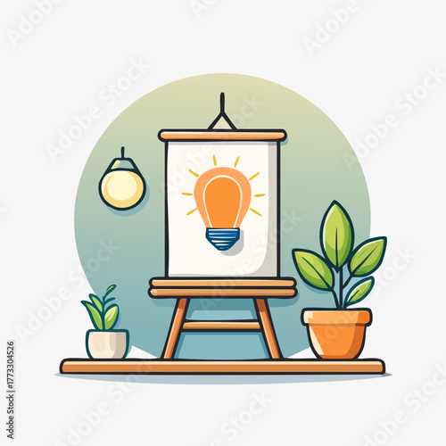 Artistic studio with easel and lightbulb idea concept.