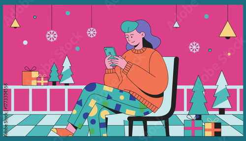 Happy woman checking phone during winter holidays surrounded by festive decor