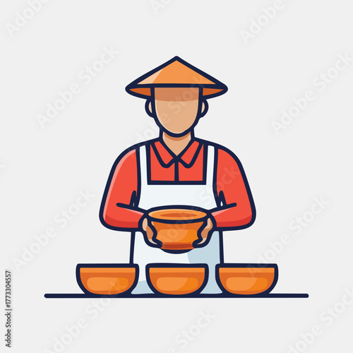 Asian chef holding bowl, preparing food, serving meals, restaurant worker.