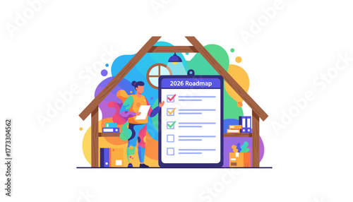 Planning future strategy Woman reviewing 2026 Roadmap checklist for business goals and task completion