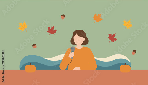 Woman speaker holding mic at an autumn event decorated with pumpkins and fall leaves Flat design vector