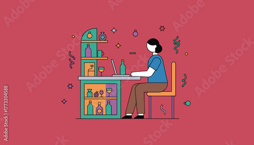Remote worker doing virtual happy hour with drinks and laptop modern vector illustration