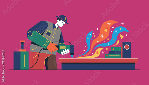 Illustration of worker crafting holiday cheer and festive elements using power tools