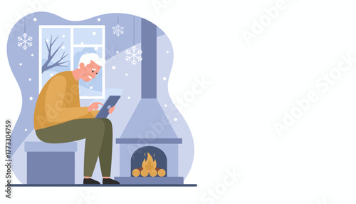 Stressed senior man struggles to use a tablet device indoors while snow falls outside