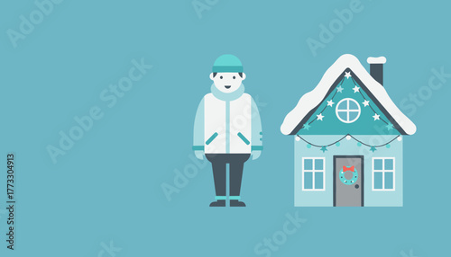 Cheerful person in winter gear next to a snowy decorated holiday house Festive greeting illustration
