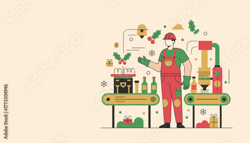 Worker on a Christmas production line manufacturing seasonal gifts and products Industry and holiday logistics