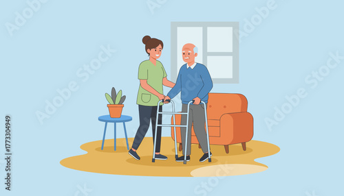 Caregiver assists senior man with a walker at home symbolizing elder care support rehabilitation