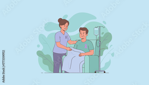 Nurse supports patient receiving treatment emphasizing care recovery and cancer awareness