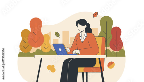 Professional woman working on a laptop outdoors in an autumn park with a cityscape background