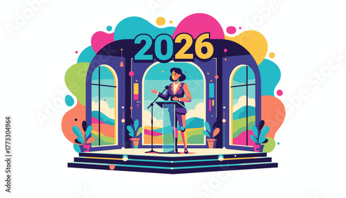 Professional woman speaking at a brightly colored conference stage for 2026