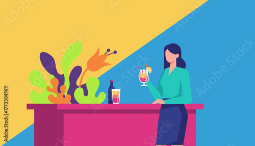 Stylish woman drinking a colorful cocktail at a vibrant bar Party vacation summer drink concept