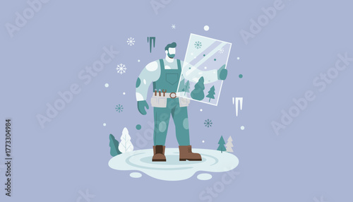 Worker installing a window pane in winter Flat vector illustration of home maintenance service