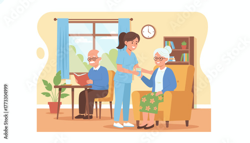 Professional caregiver helps senior woman in a comfortable home setting compassionate elderly care