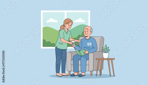 Caregiver assisting senior man reading in a chair providing comfortable elderly home healthcare
