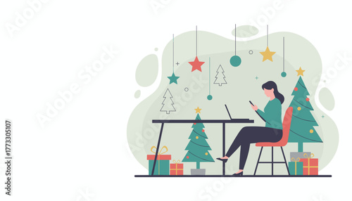 Woman working remotely on laptop and phone amidst festive Christmas decorations and gifts