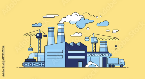 Manufacturing facility illustration with cranes smokestacks conveyor belt and logistics truck