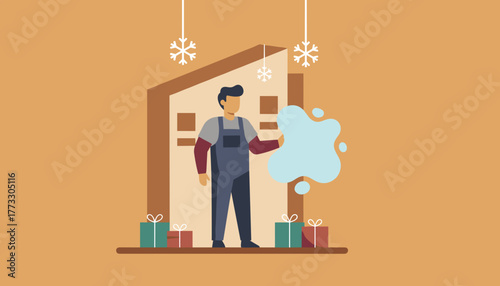 Service worker with gifts and snowflakes offering winter holiday support or delivery