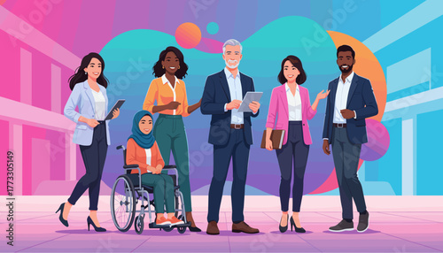 Diverse professional team standing together illustrating inclusion and global corporate leadership