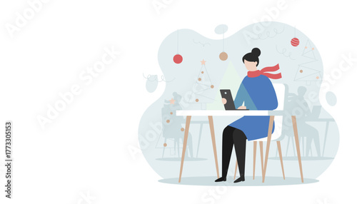 Woman working remotely on a laptop in a festive Christmasdecorated setting Holiday productivity