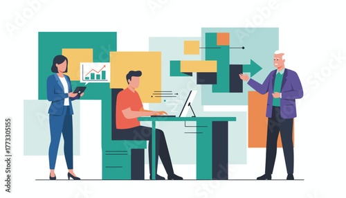 Diverse business team analyzing data planning strategy and collaborating in a modern office