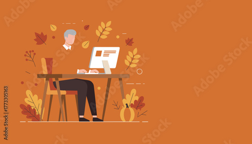 Senior man working on computer at desk flat vector illustration for autumnal business or remote work theme
